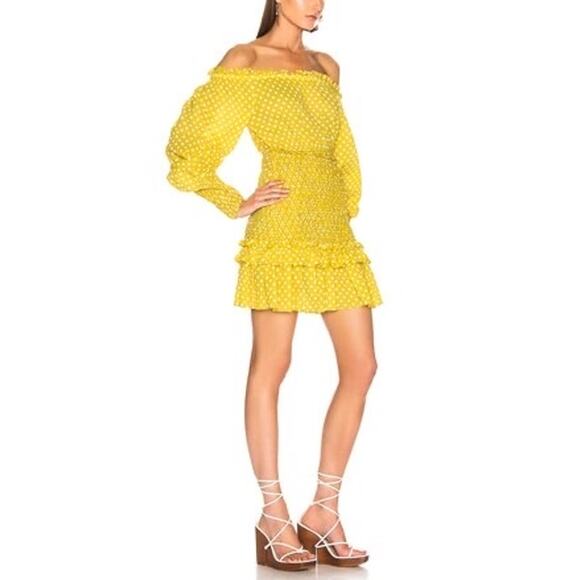 Alexis Marilena Smocked Polka Dot Off Shoulder Mini Dress yellow size large L - Picture 2 of 10
